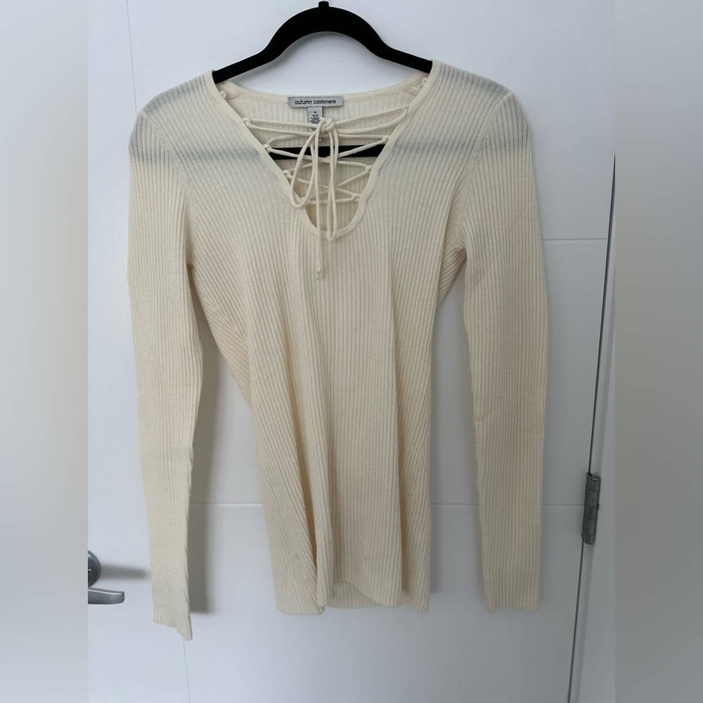 Autumn Cashmere Extra Fine Merino Wool Rib Knit Lace-Up Sweater Top Cream Medium